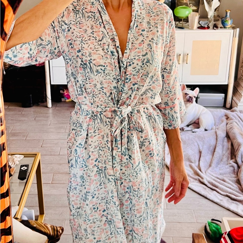 Floral Pink and Blue Silk & Cotton blend midi Robe